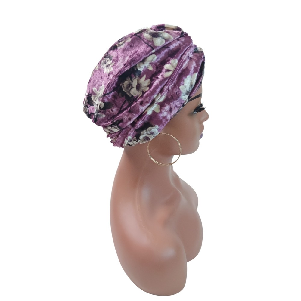 Purple‎ Floral Velvet Front Twist Turban Stretch Headpiece Hijab Cap Modest Wear